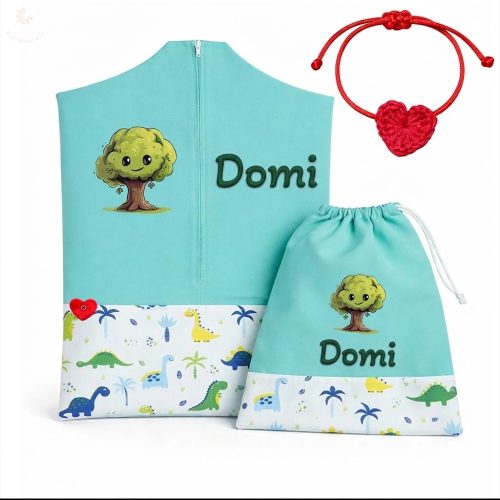 Színes dínós ovis zsák szett egyedi névvel és jellel + ajándék szeretetküldővel (mentazöld)