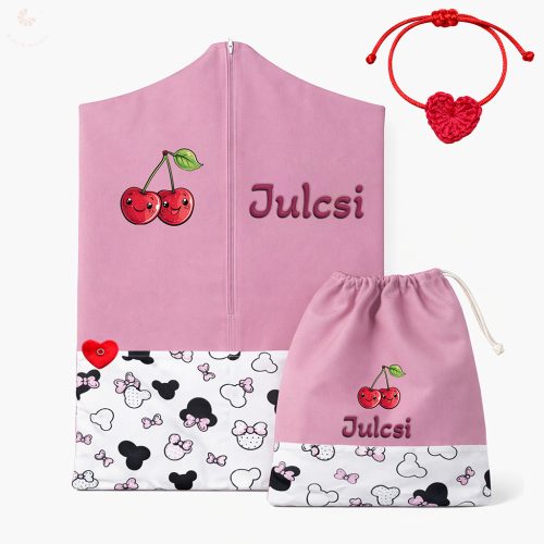 Rózsaszín masnis-egeres ovis zsák & tornazsák szett egyedi névvel és jellel + ajándék szeretetküldővel