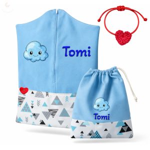 Türkiz háromszöges ovis zsák szett egyedi névvel és jellel + ajándék szeretetküldővel