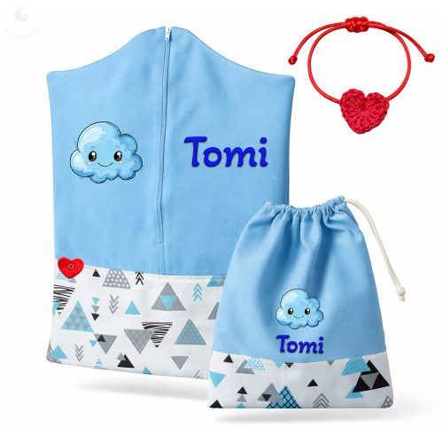 Türkiz háromszöges ovis zsák szett egyedi névvel és jellel + ajándék szeretetküldővel