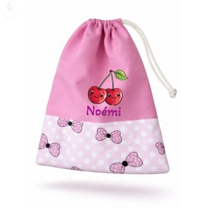 Rózsaszín-pöttyös masnis, kislány tornazsák egyedi névvel és jellel