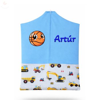   Kék alapon sárga munkagépes ovis zsák kisfiúnak egyedi névvel és jellel
