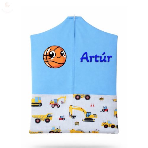 Kék alapon sárga munkagépes ovis zsák kisfiúnak egyedi névvel és jellel