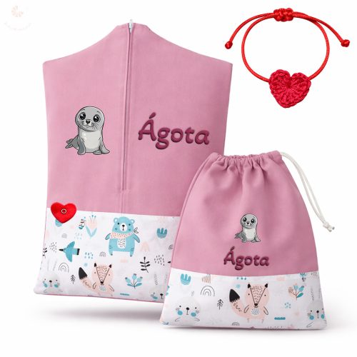 Bébi állatkás, rózsaszín ovis zsák & tornazsák szett egyedi névvel és jellel + ajándék szeretetküldővel