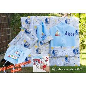 Irány az ovi - Óvodai szett egyedi névvel és jellel  KÖZEPES CSOMAG AJÁNDÉK TÁSKÁVAL -kék+alvó macis