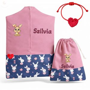 Balerina nyuszis, rózsaszín ovis zsák & tornazsák szett egyedi névvel és jellel + ajándék szeretetküldő