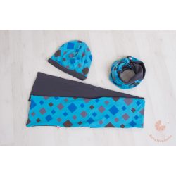 Pamut sapka és sál szett (Kék rombuszos)