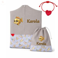   Sárga pólós macis ovis zsák szett egyedi névvel és jellel + ajándék szeretetküldővel (drapp)