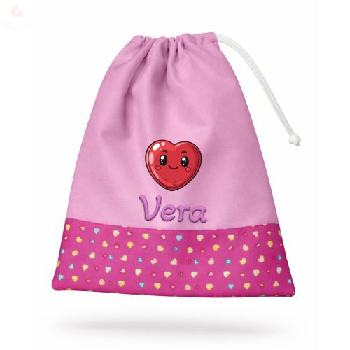 Rózsaszín + pink alapon szívecskés, kislány tornazsák egyedi névvel és jellel