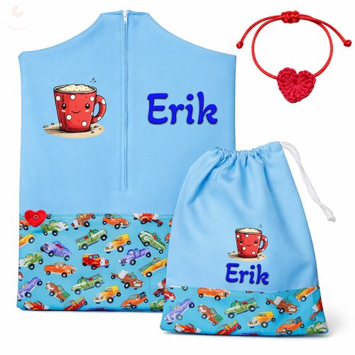 Színes autós, kék ovis zsák szett egyedi névvel és jellel + ajándék szeretetküldővel
