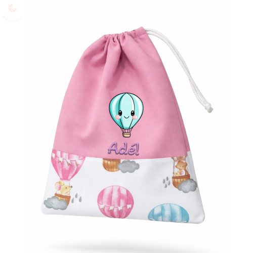 Rózsaszín, léghajózó állatkás kislány tornazsák egyedi névvel és jellel
