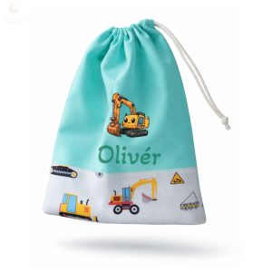 Mentazöld, munkagépes kisfiú tornazsák egyedi névvel és jellel