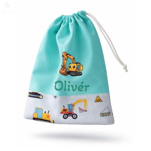 Mentazöld, munkagépes kisfiú tornazsák egyedi névvel és jellel