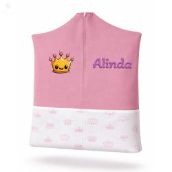   Rózsaszín + fehér alapon rózsaszín koronás ovis zsák kislánynak egyedi névvel és jellel