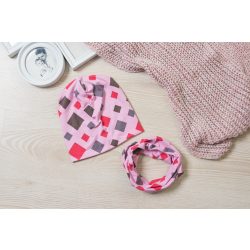   Rózsaszín rombuszos átmeneti Sapka körsál szett Bölcsis méret - KÉSZLETRŐL