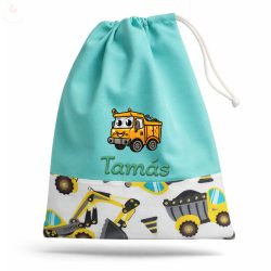 Tornazsák EGYEDI NÉVVEL ÉS JELLEL (zöld + sárga dömperes-betonkeverős)