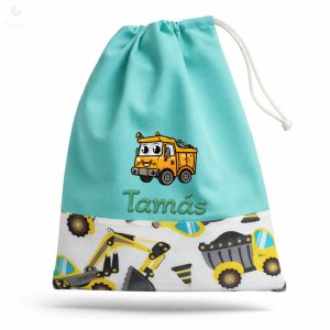 Mentazöld, sárga dömperes-betonkeverős, kisfiú tornazsák egyedi névvel és jellel