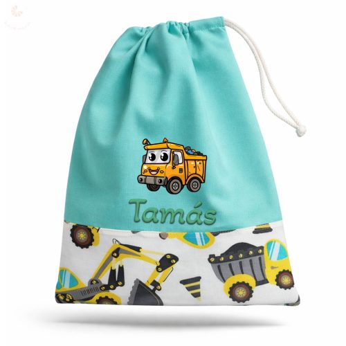 Mentazöld, sárga dömperes-betonkeverős, kisfiú tornazsák egyedi névvel és jellel