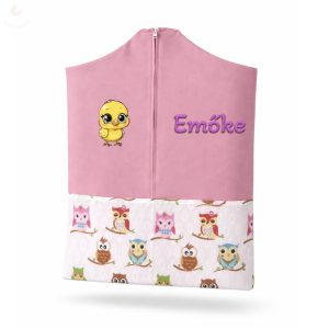 Halvány rózsaszín alapon baglyos ovis zsák kislánynak egyedi névvel és jellel