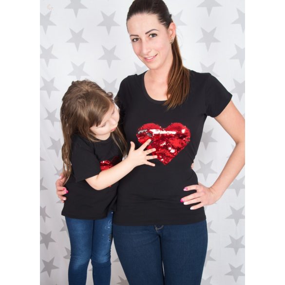 Anya-lánya póló szett /Applikált  piros-ezüst SIMOGATÓS szívecskével/ VÁLASZTHATÓ PÓLÓ SZÍN