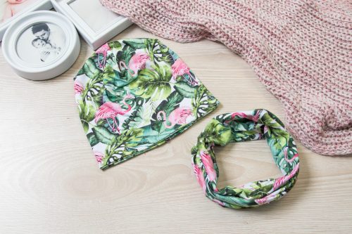 Flamingós átmeneti Sapka körsál szett Bölcsis méret - KÉSZLETRŐL