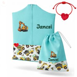   Sárga dömperes-betonkeverős ovis zsák szett egyedi névvel és jellel + ajándék szeretetküldővel (mentazöld)
