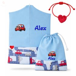   Piros-szürke autós ovis zsák szett egyedi névvel és jellel + ajándék szeretetküldővel