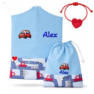 Piros-szürke autós ovis zsák szett egyedi névvel és jellel + ajándék szeretetküldővel