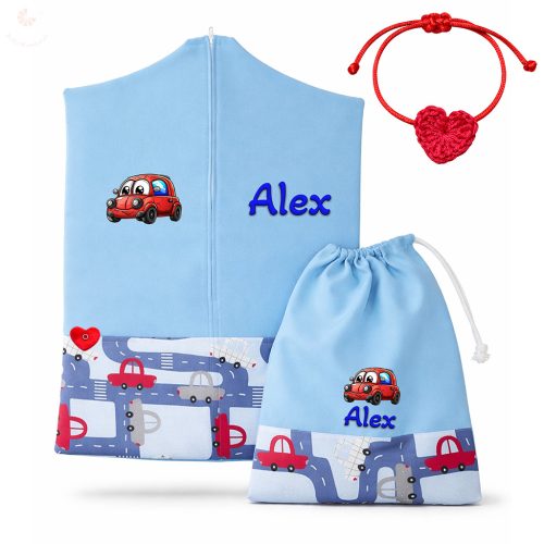 Piros-szürke autós ovis zsák szett egyedi névvel és jellel + ajándék szeretetküldővel