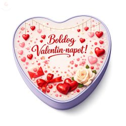 Valentin-napi, szív alakú fémdoboz magyar felirattal