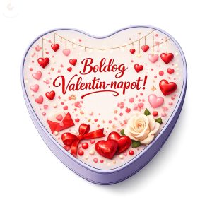 Valentin-napi, szív alakú fémdoboz magyar felirattal