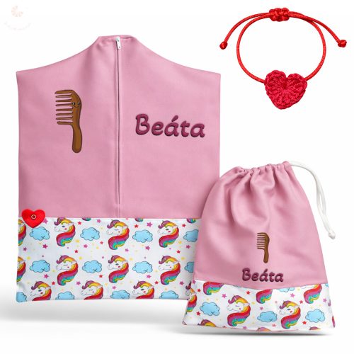 Szivárványos sörényű unikornisos, rózsaszín ovis zsák & tornazsák szett egyedi névvel és jellel + ajándék szeretetküldő