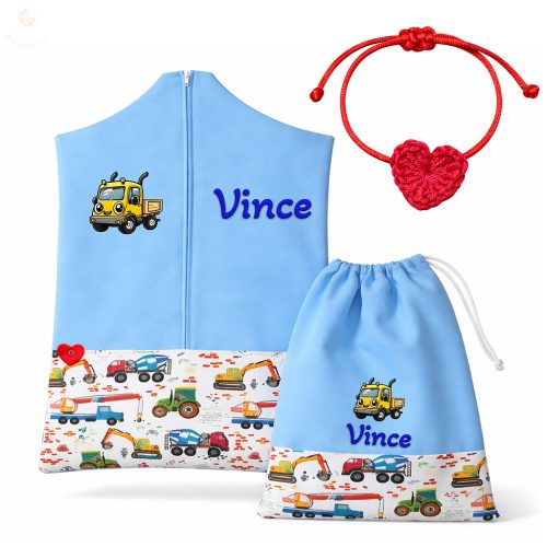 Munkagépes-téglás ovis zsák szett egyedi névvel és jellel + ajándék szeretetküldővel