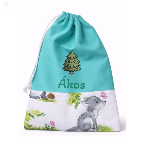 Mentazöld, farkaskölykös uniszex tornazsák egyedi névvel és jellel