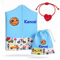   Utazó állatkás, kék ovis zsák szett egyedi névvel és jellel + ajándék szeretetküldővel