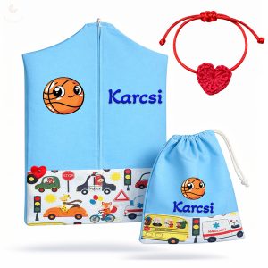 Utazó állatkás, kék ovis zsák szett egyedi névvel és jellel + ajándék szeretetküldővel