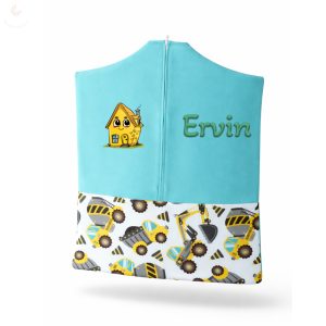 Mentazöld, sárga dömperes-betonkeverős ovis zsák kisfiúnak egyedi névvel és jellel