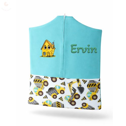 Mentazöld, sárga dömperes-betonkeverős ovis zsák kisfiúnak egyedi névvel és jellel