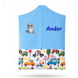   Kék, utazó állatos ovis zsák kisfiúnak egyedi névvel és jellel