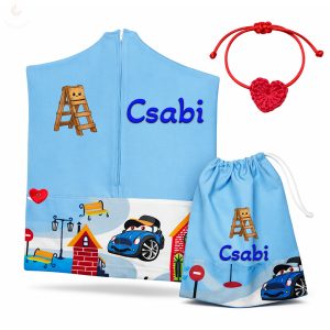 Autós-házikós, kék ovis zsák & tornazsák szett egyedi névvel és jellel + ajándék szeretetküldővel