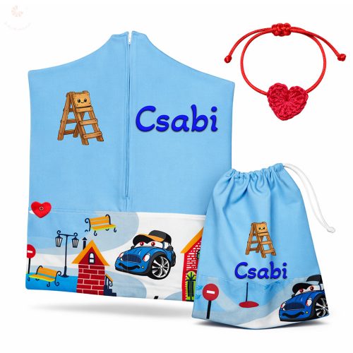 Autós-házikós, kék ovis zsák & tornazsák szett egyedi névvel és jellel + ajándék szeretetküldővel