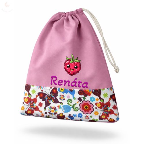 Rózsaszín, lepkés-virágos kislány tornazsák egyedi névvel és jellel