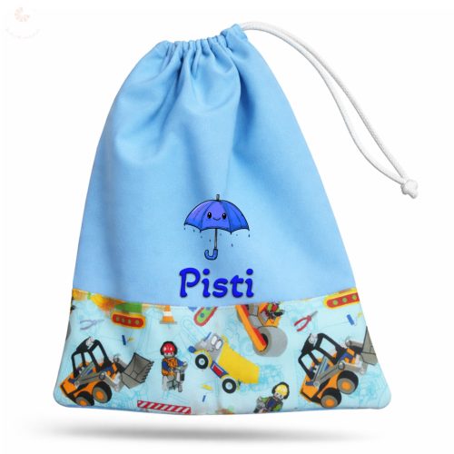 Kék, úthengeres-útépítős kisfiú tornazsák egyedi névvel és jellel