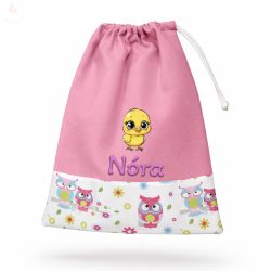   Rózsaszín, baglyos kislány tornazsák egyedi névvel és jellel