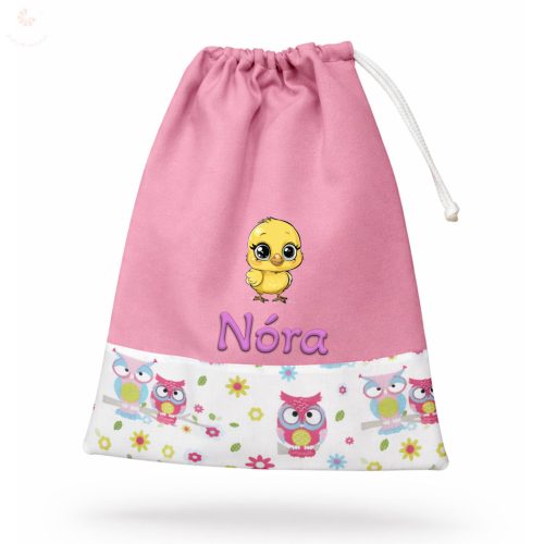Tornazsák EGYEDI NÉVVEL ÉS JELLEL (rózsaszín + baglyos)