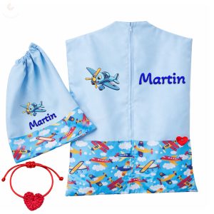 Repülős, kék ovis zsák szett egyedi névvel és jellel + ajándék szeretetküldővel