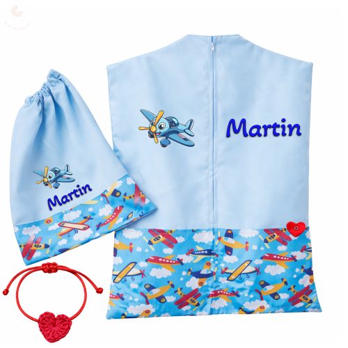 Repülős, kék ovis zsák szett egyedi névvel és jellel + ajándék szeretetküldővel