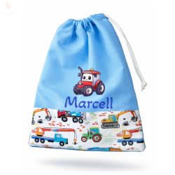   Kék, munkagépes-téglás kisfiú tornazsák egyedi névvel és jellel