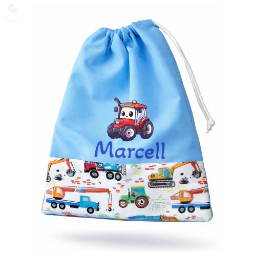 Kék, munkagépes-téglás kisfiú tornazsák egyedi névvel és jellel