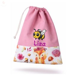   Rózsaszín, rókás-virágos kislány tornazsák egyedi névvel és jellel